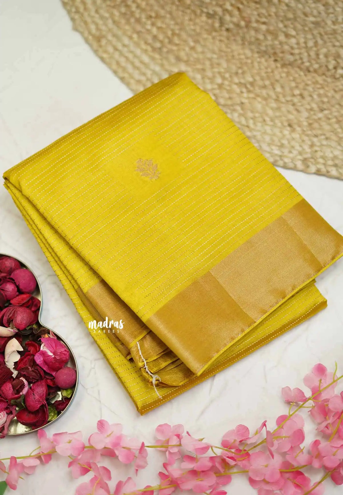 Raaga - Lightweight Semi tussar flower motif with kantha stich weaving  - Golden yellow