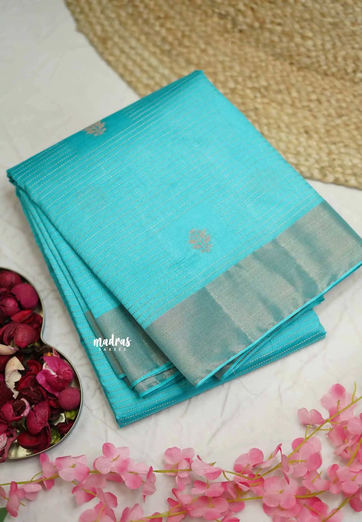 Raaga - Lightweight Semi tussar flower motif with kantha stich weaving  - Sky blue