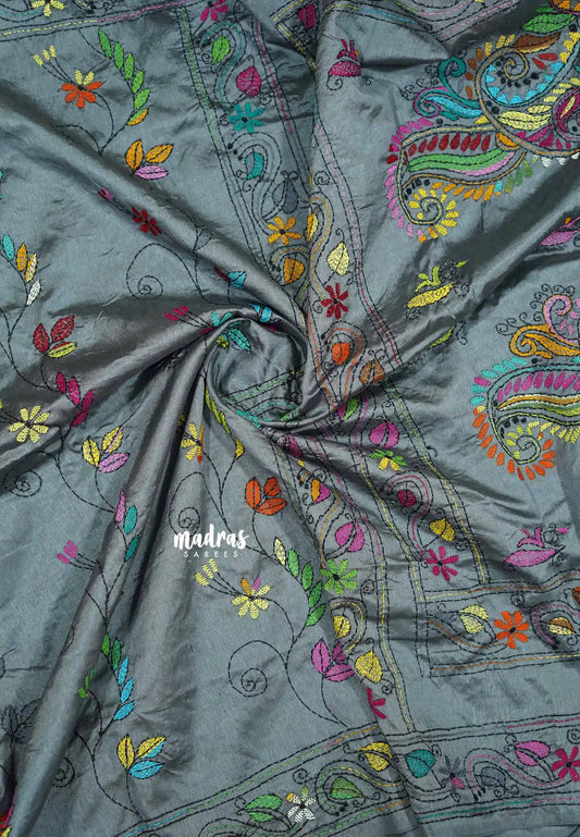 Grey - Raaga - Semi Tussar Manipuri floral hand stitched kantha work