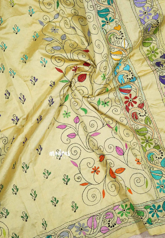 Beige - Raaga - Semi Tussar Manipuri hand stitched kantha work