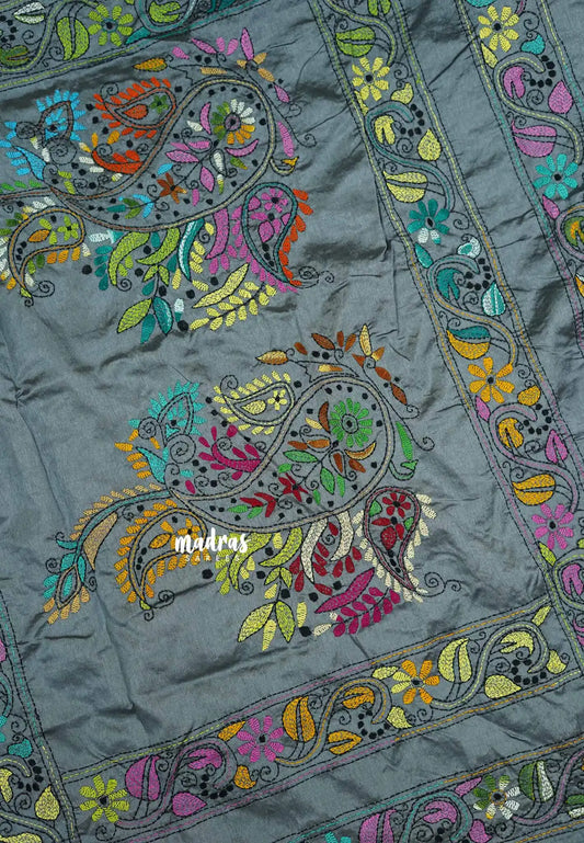 Grey - Raaga - Semi Tussar Manipuri hand stitched kantha work
