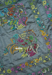 Grey - Raaga - Semi Tussar Manipuri hand stitched kantha work