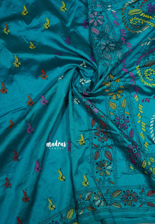 Cyan blue - Raaga - Semi Tussar Manipuri hand stitched kantha work