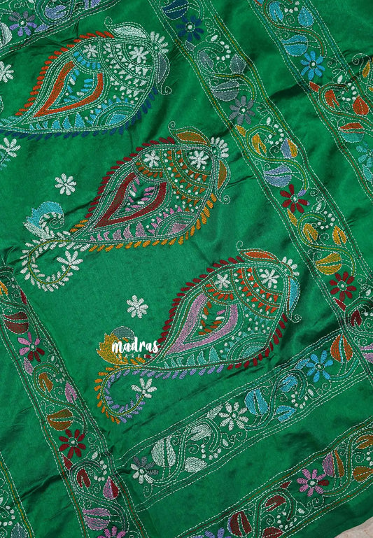 Green - Raaga - Semi Tussar Manipuri hand stitched kantha work