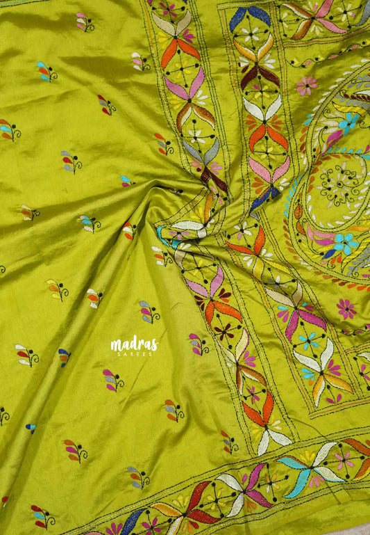 Lime Green - Raaga - Semi Tussar Manipuri hand stitched kantha work