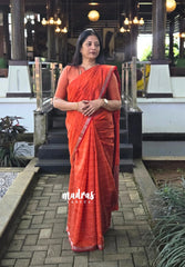 Dark Rust Orange - Raaga - Semi Tussar Antique Silver Weaving Body with Small Border - Best for Small Functions