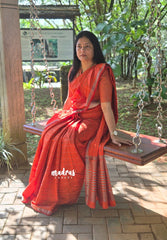 Dark Rust Orange - Raaga - Semi Tussar Antique Silver Weaving Body with Small Border - Best for Small Functions
