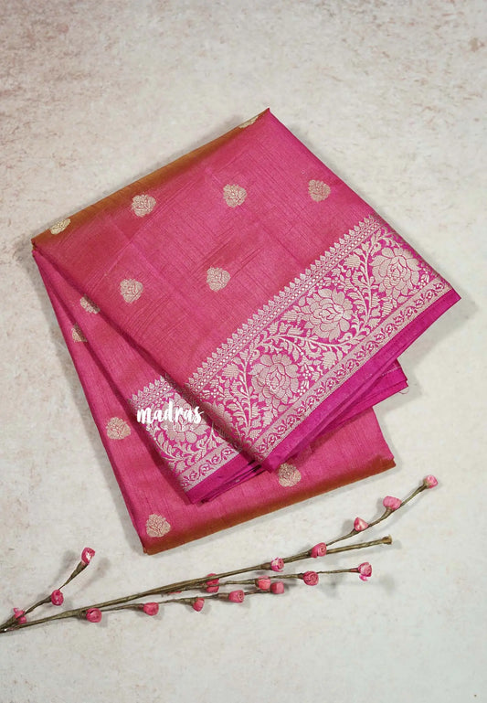 Dual shade Rose pink - Raaga - Lightweight Semi tussar saree with floral border with buttas