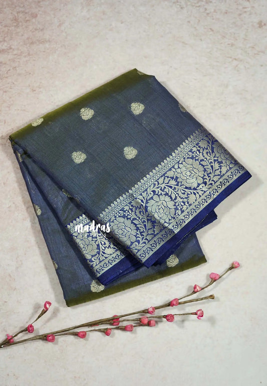 Dual shade Navy Blue - Raaga - Lightweight Semi tussar saree with floral border with buttas