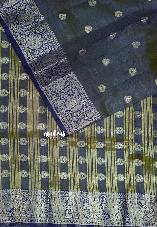 Dual shade Navy Blue - Raaga - Lightweight Semi tussar saree with floral border with buttas