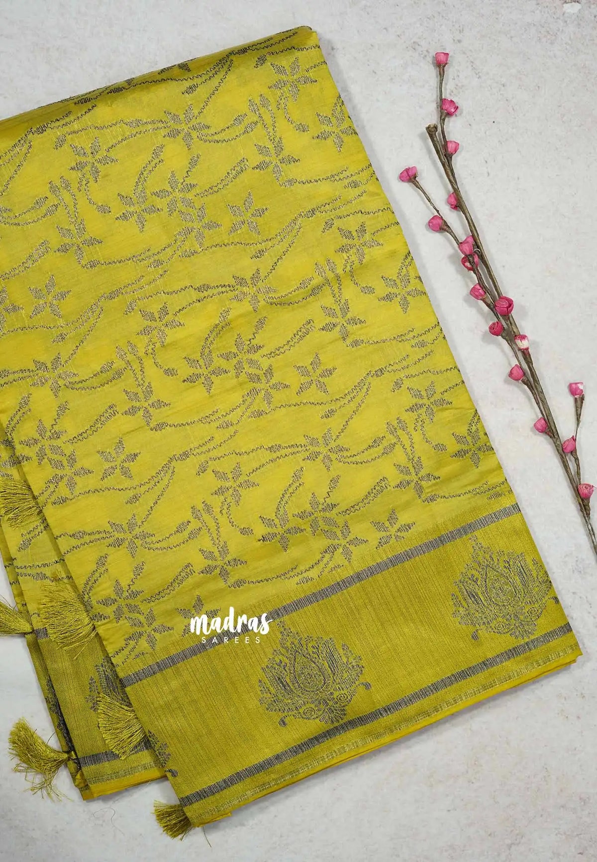 Greenish Yellow - Raaga - Premium Semi tussar antique weaving buttas and border