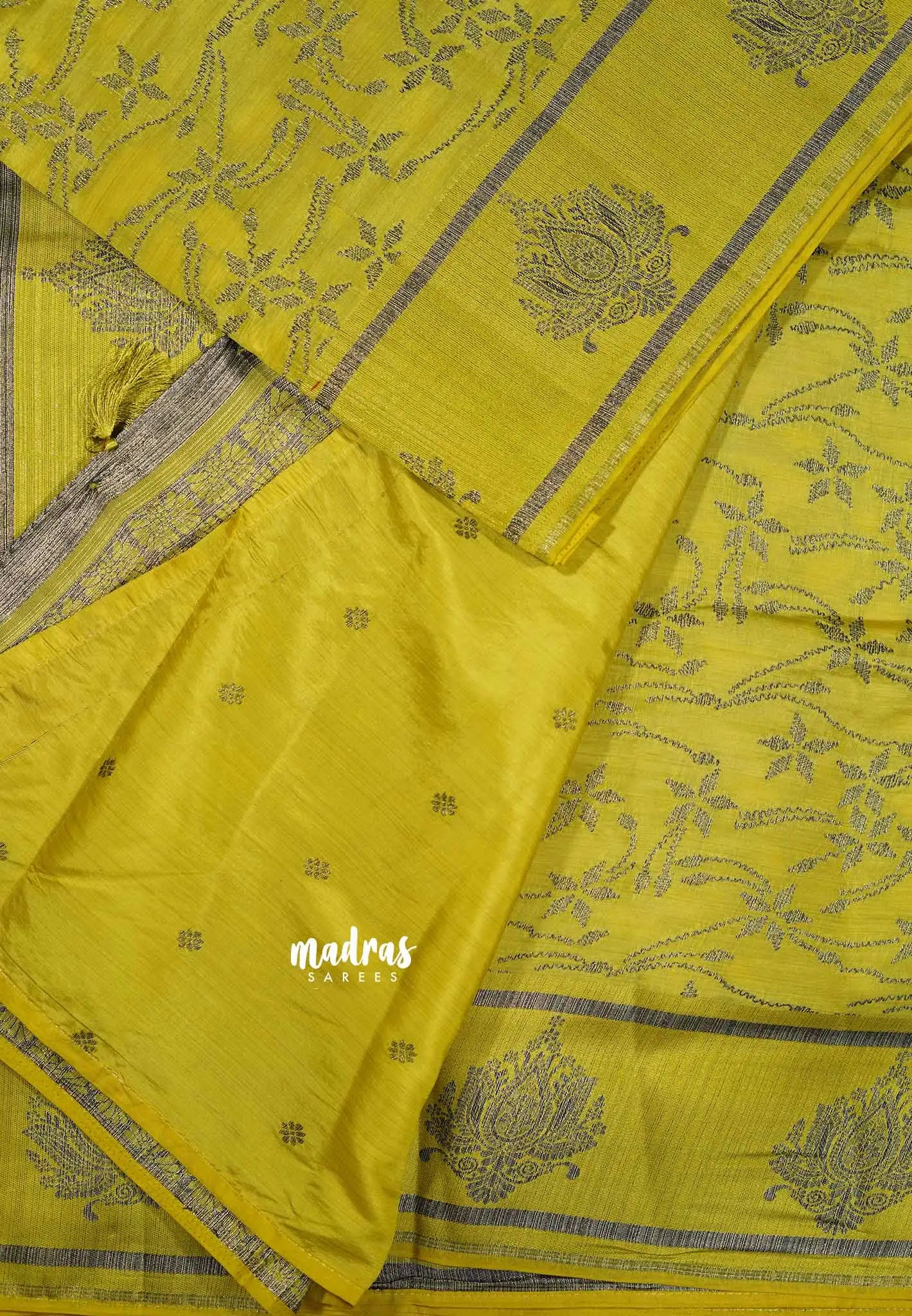 Greenish Yellow - Raaga - Premium Semi tussar antique weaving buttas and border