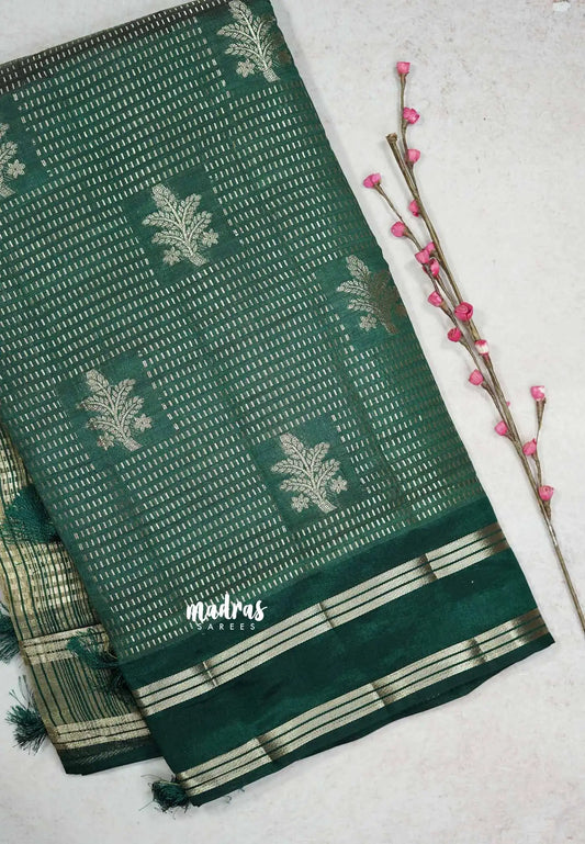 Dark Green - Raaga premium semi tussar with rettapet border full silver weaving boday