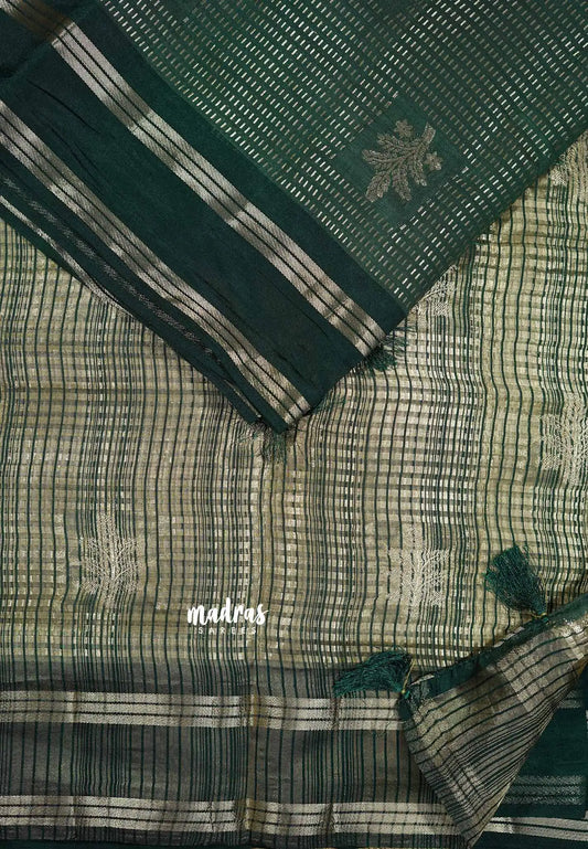 Dark Green - Raaga premium semi tussar with rettapet border full silver weaving boday