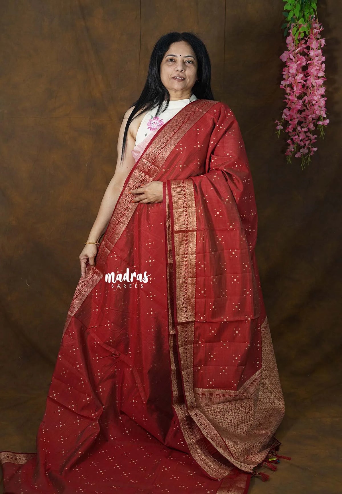 Dual Shade Brick Maroon - Raaga Premium Semi Tussar with Tiny Square Weaving Buttas Traditional Border - Perfect for small functions | Temple visit