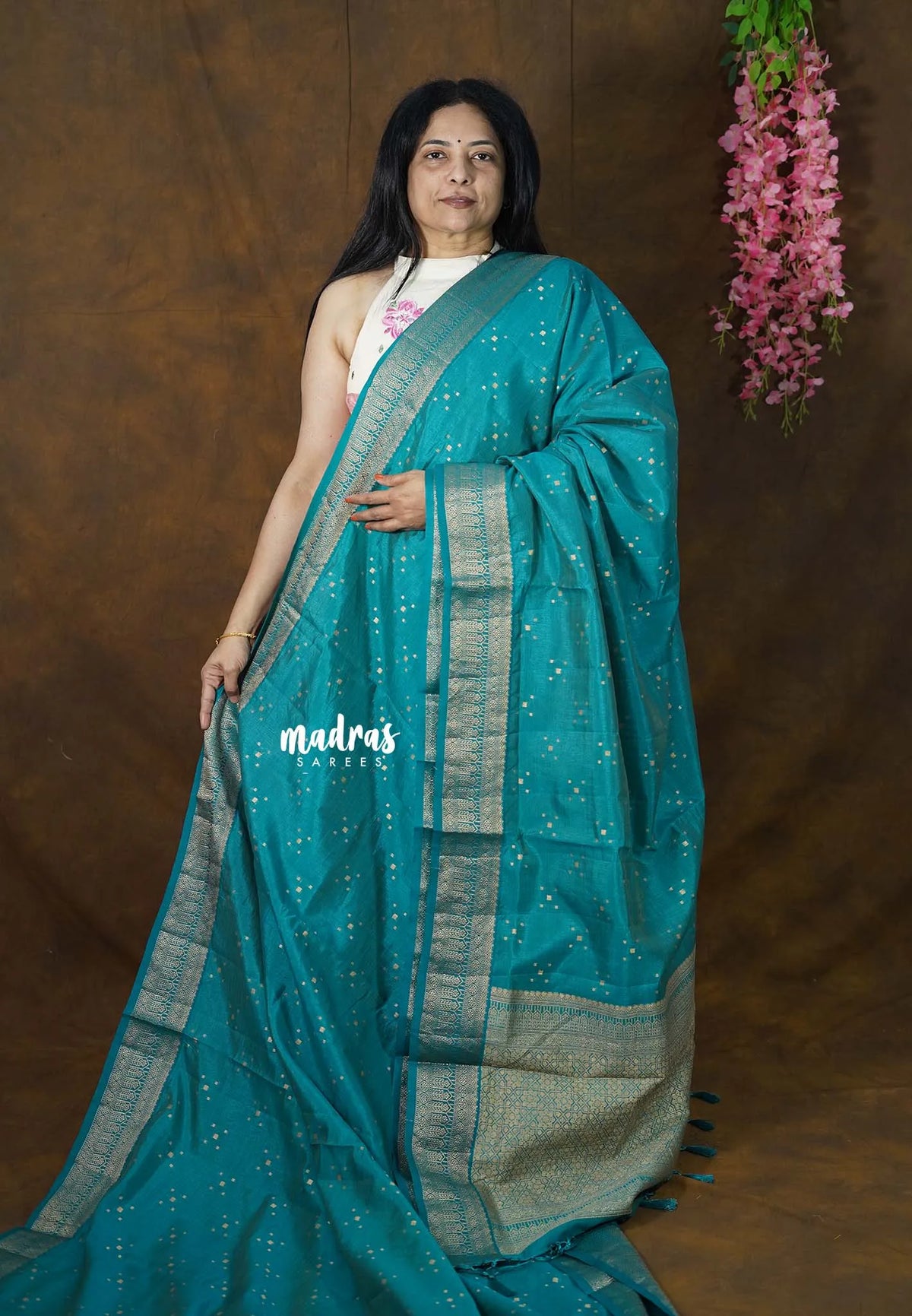 Dual Shade Teal Blue Green - Raaga Premium Semi Tussar with Tiny Square Weaving Buttas Traditional Border - Perfect for small functions | Temple visit