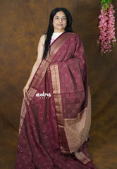Dual Shade Wine-Maroon - Raaga Premium Semi Tussar with Tiny Square Weaving Buttas Traditional Border - Perfect for small functions | Temple visit