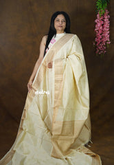 Dual Shade Ivory Cream - Raaga Premium Semi Tussar with Tiny Square Weaving Buttas Traditional Border - Perfect for small functions | Temple visit