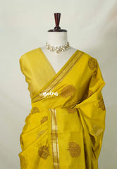 Greenish Lemon Yellow - Raaga - Semi Tussar Saree Thread Weaving  Buttas with Small Border - Best for Small Functions