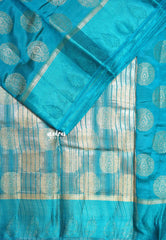 Light blue - Raaga - Lightweight thread border Semi tussar with round buttas