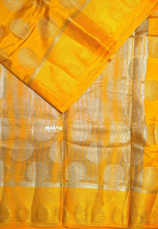 Orangish yellow - Raaga - Lightweight thread border Semi tussar with round buttas