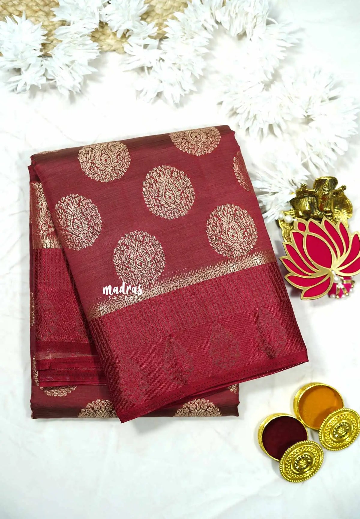 Maroon - Raaga - Lightweight thread border Semi tussar with round buttas