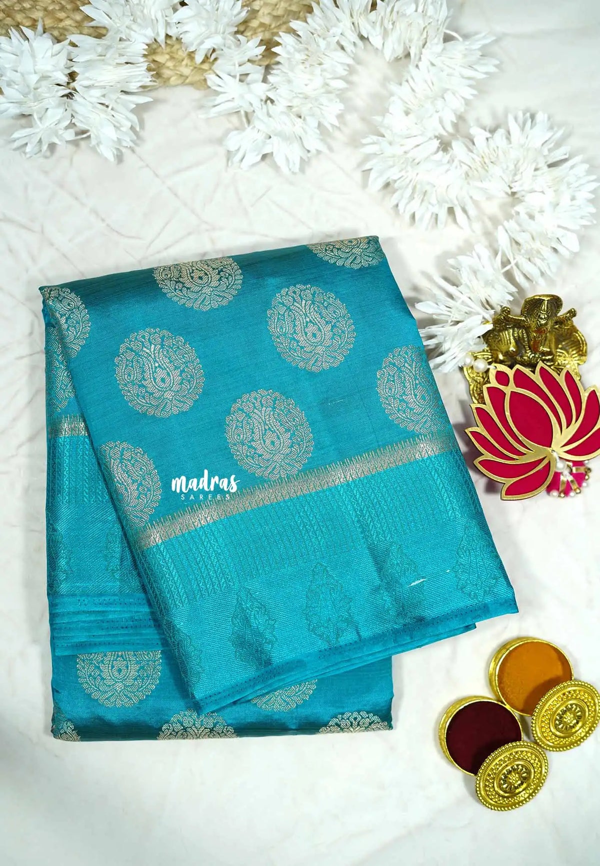 Light blue - Raaga - Lightweight thread border Semi tussar with round buttas