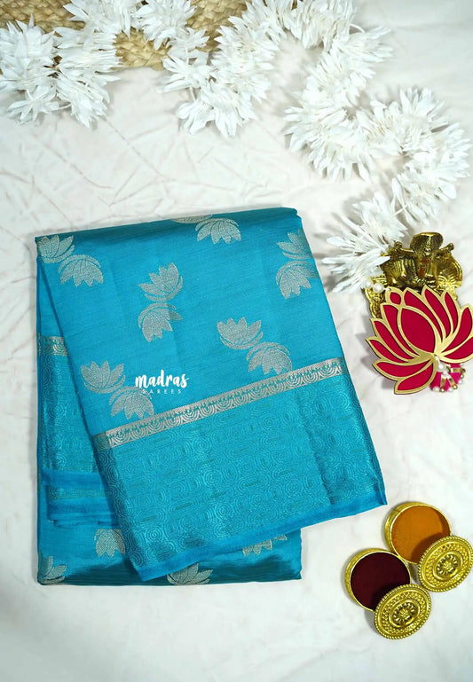 Light blue - Raaga - Lightweight thread border Semi tussar with floral buttas