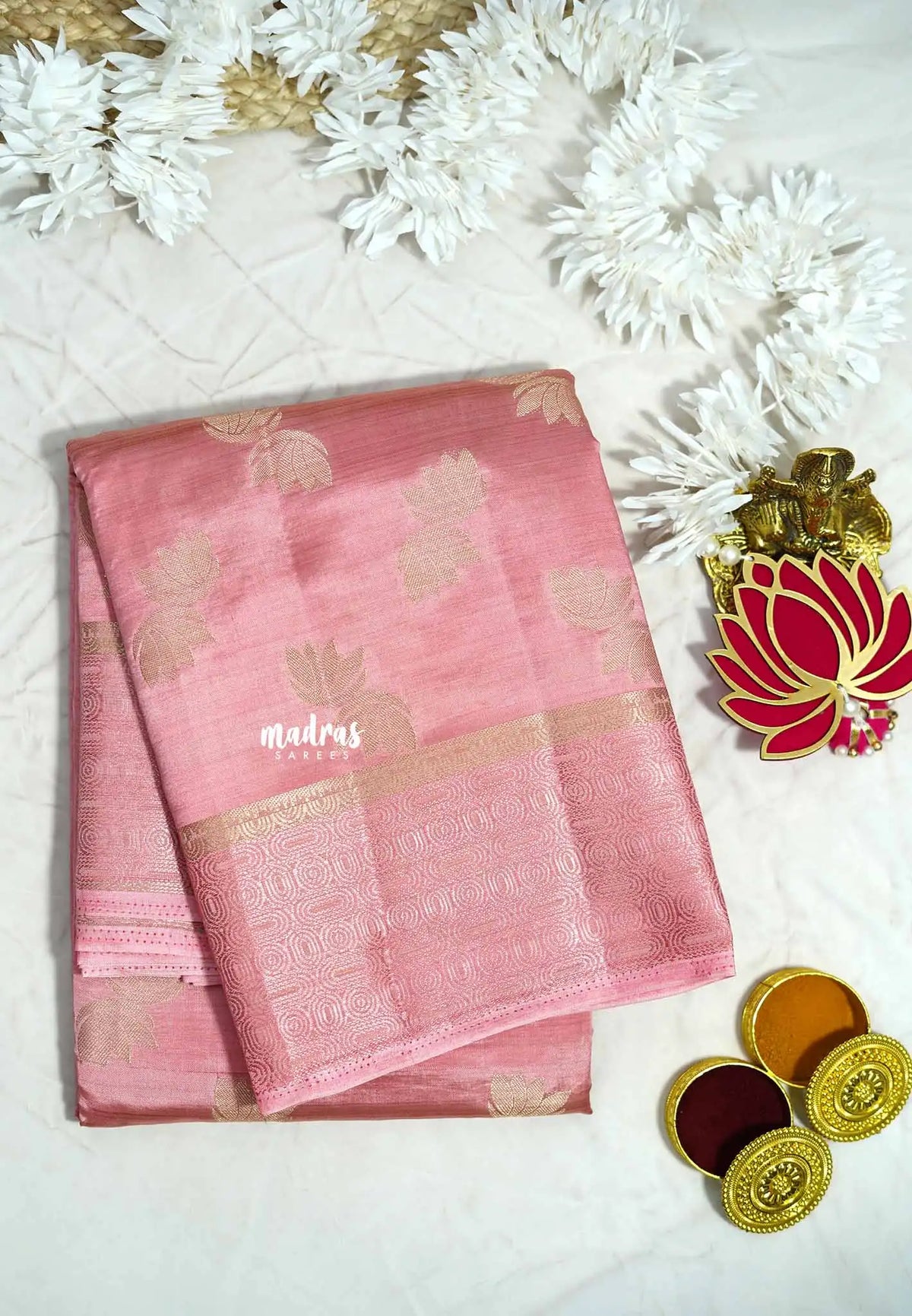 Baby pink - Raaga - Lightweight thread border Semi tussar with floral buttas