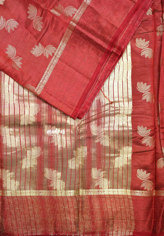 Brick red - Raaga - Lightweight thread border Semi tussar with floral buttas