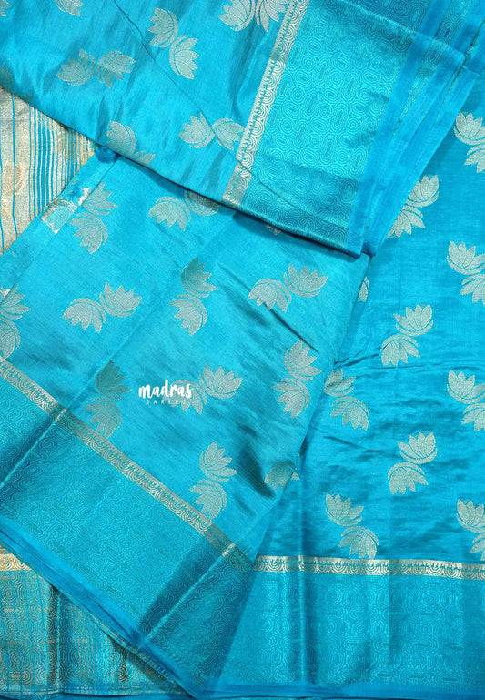 Light blue - Raaga - Lightweight thread border Semi tussar with floral buttas