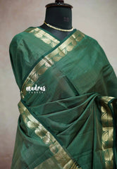 Deep green - Lightweight Semi tussar saree wtih leaf border