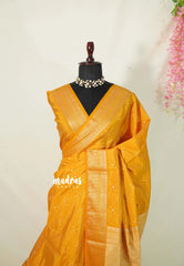 Mustard Yellow - Raaga Premium Semi Tussar with Tiny Square Weaving Buttas Traditional Border - Perfect for small functions | Temple visit