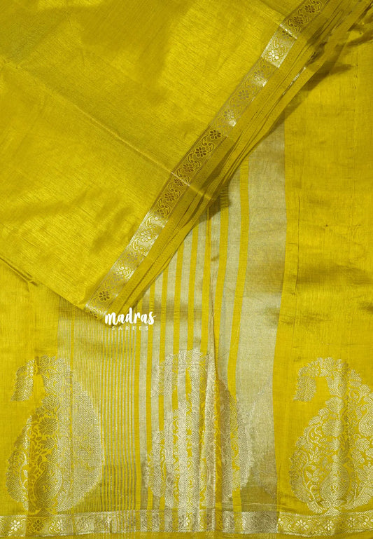 Greenish Yellow - Raaga - Lightweight Semi tussar saree wtih Mango border