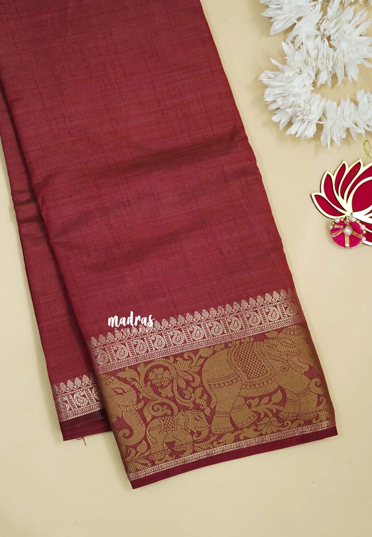 Majestic Maroon - Raaga - Semi Tussar Plain body with Elephant Border