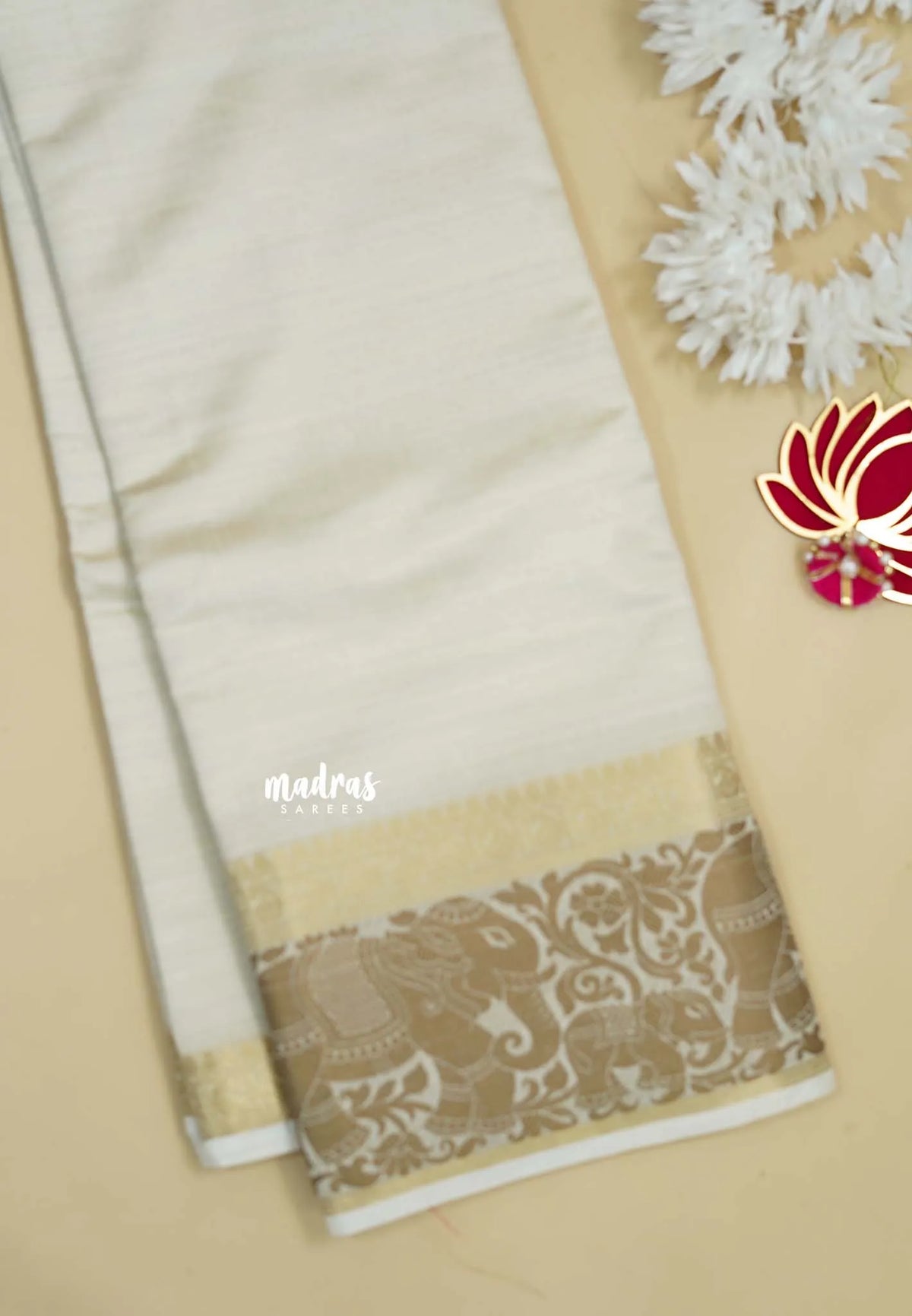Ivory venpattu - Raaga - Semi Tussar Plain body with Elephant Border