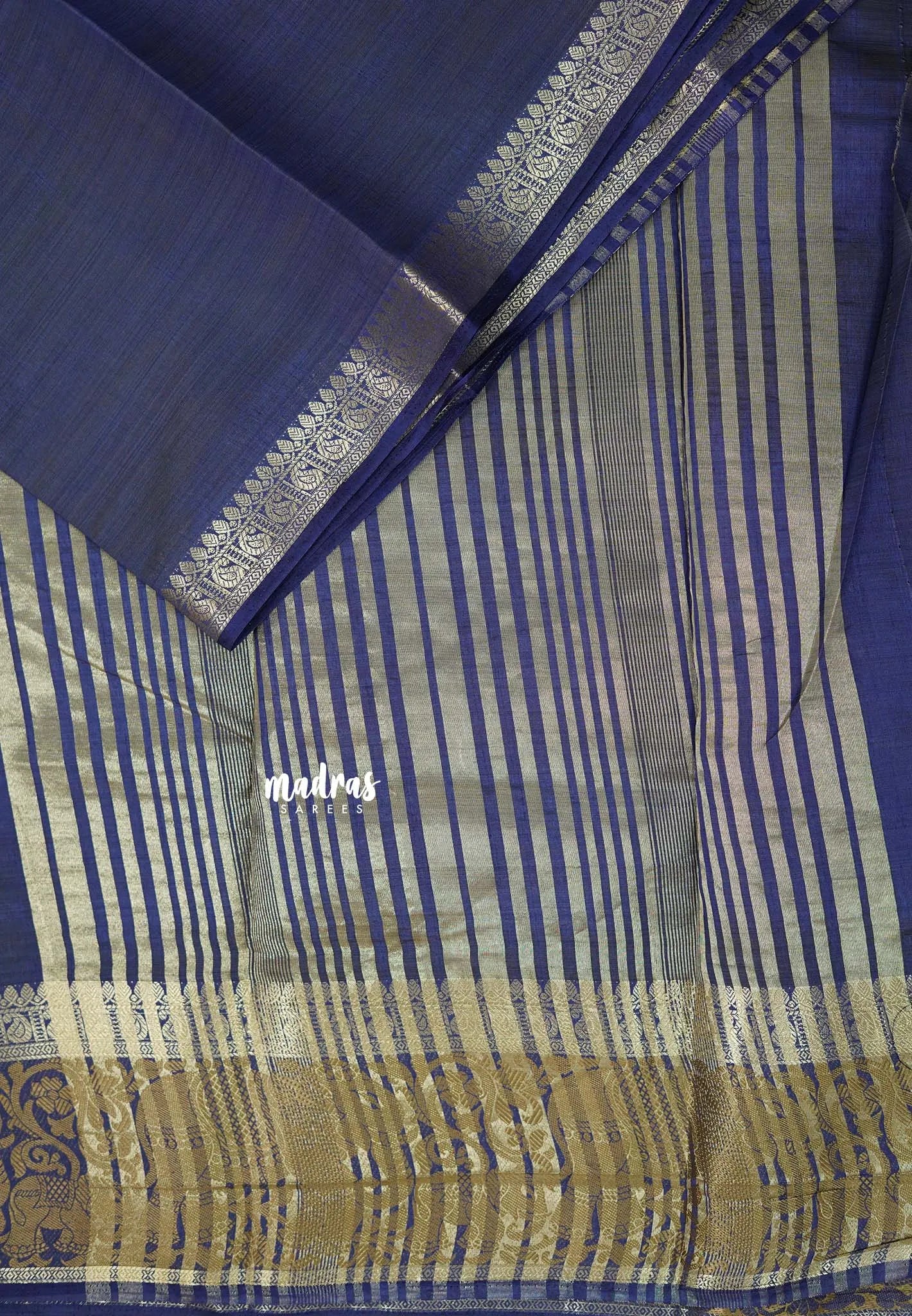 Navy Blue - Raaga - Semi Tussar Plain body with Elephant Border