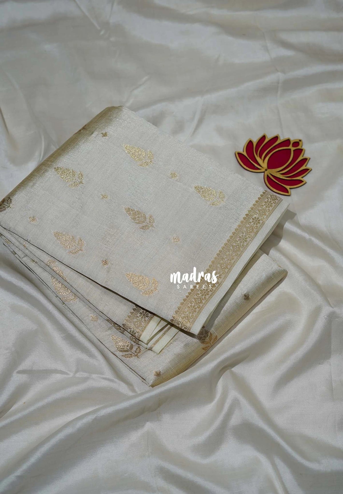 Creamy Ivory White - Raaga - Lightweight Semi Tussar Saree with Flower Border and Leaf Buttas - Best for Small Functions