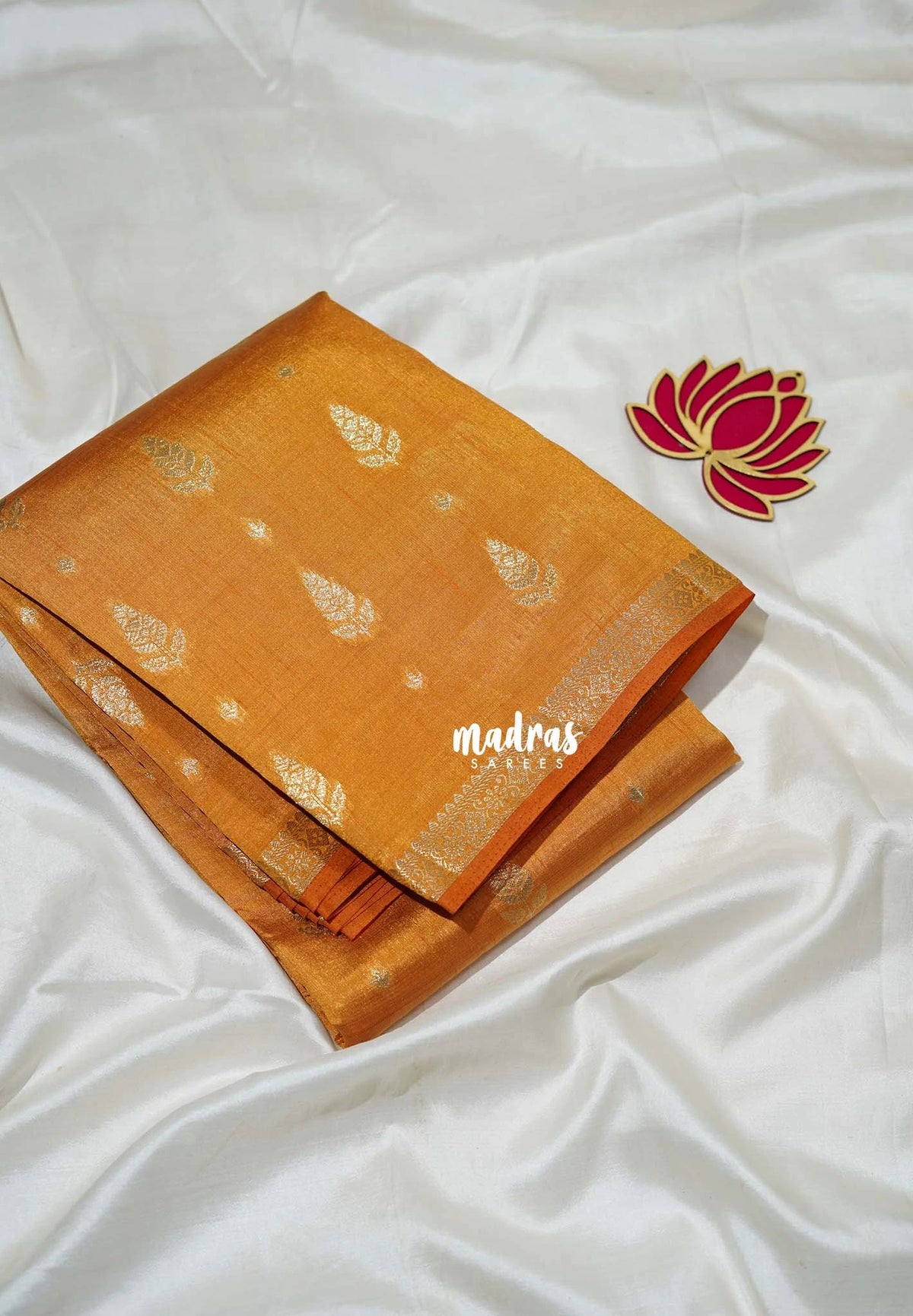 Yellowish Orange - Raaga - Lightweight Semi Tussar Saree with Flower Border and Leaf Buttas - Best for Small Functions