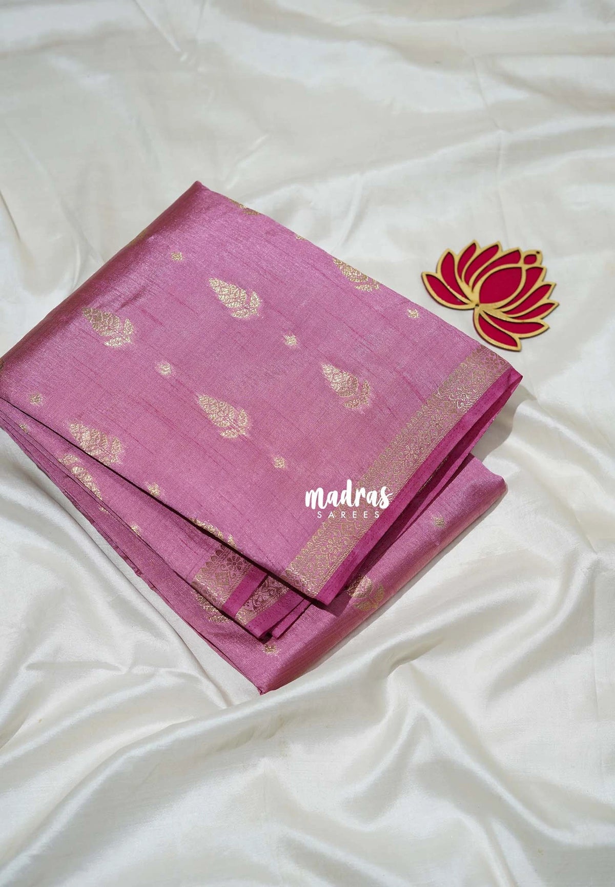 Onion Pink - Raaga - Lightweight Semi Tussar Saree with Flower Border and Leaf Buttas - Best for Small Functions