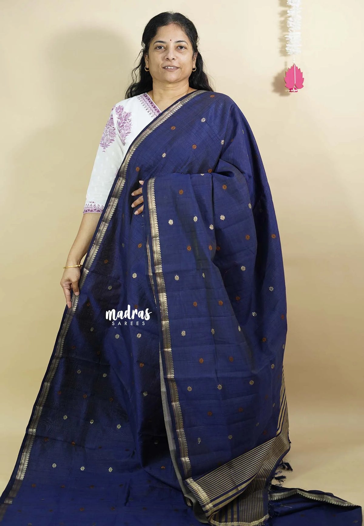 Navy Blue  - Raaga - Semi Tussar Tiny Border with Buttas