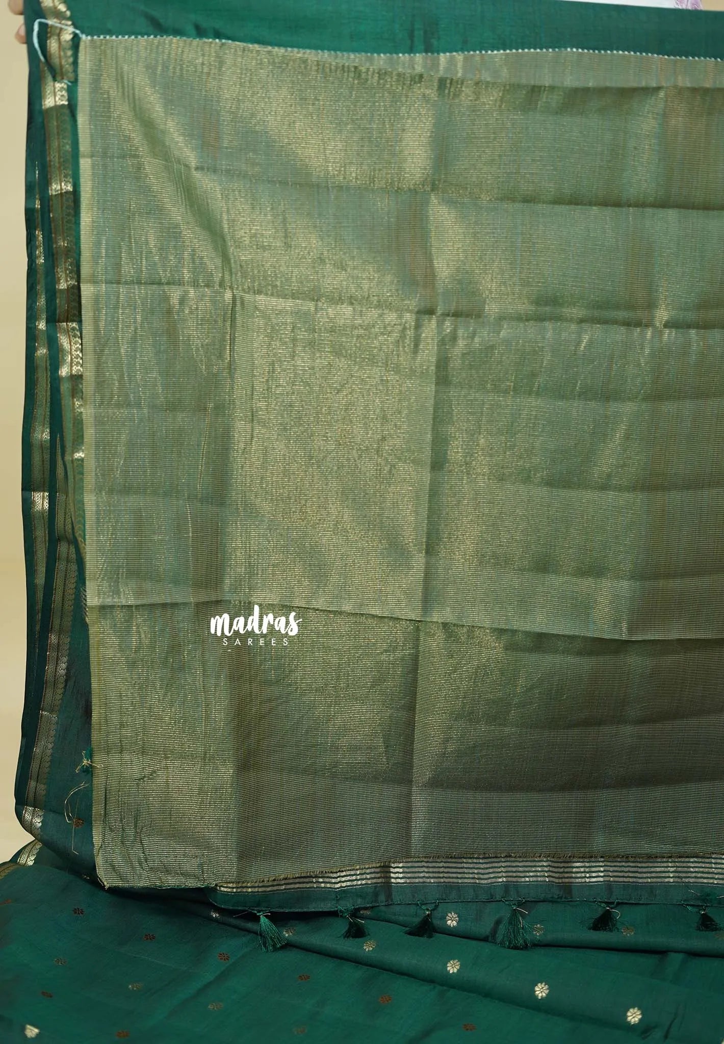 Dark Green  - Raaga - Semi Tussar Tiny Border with Buttas