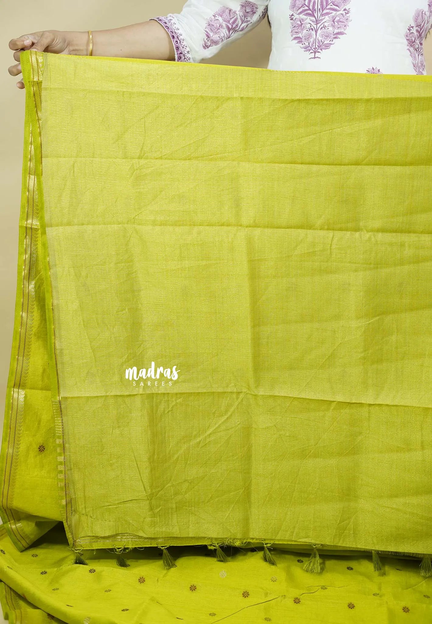 Neon Green  - Raaga - Semi Tussar Tiny Border with Buttas