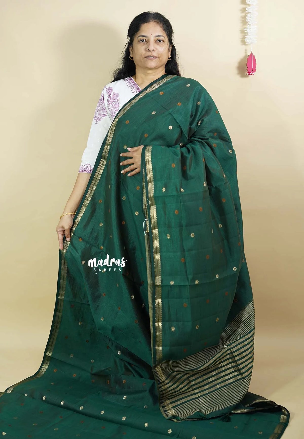 Dark Green  - Raaga - Semi Tussar Tiny Border with Buttas