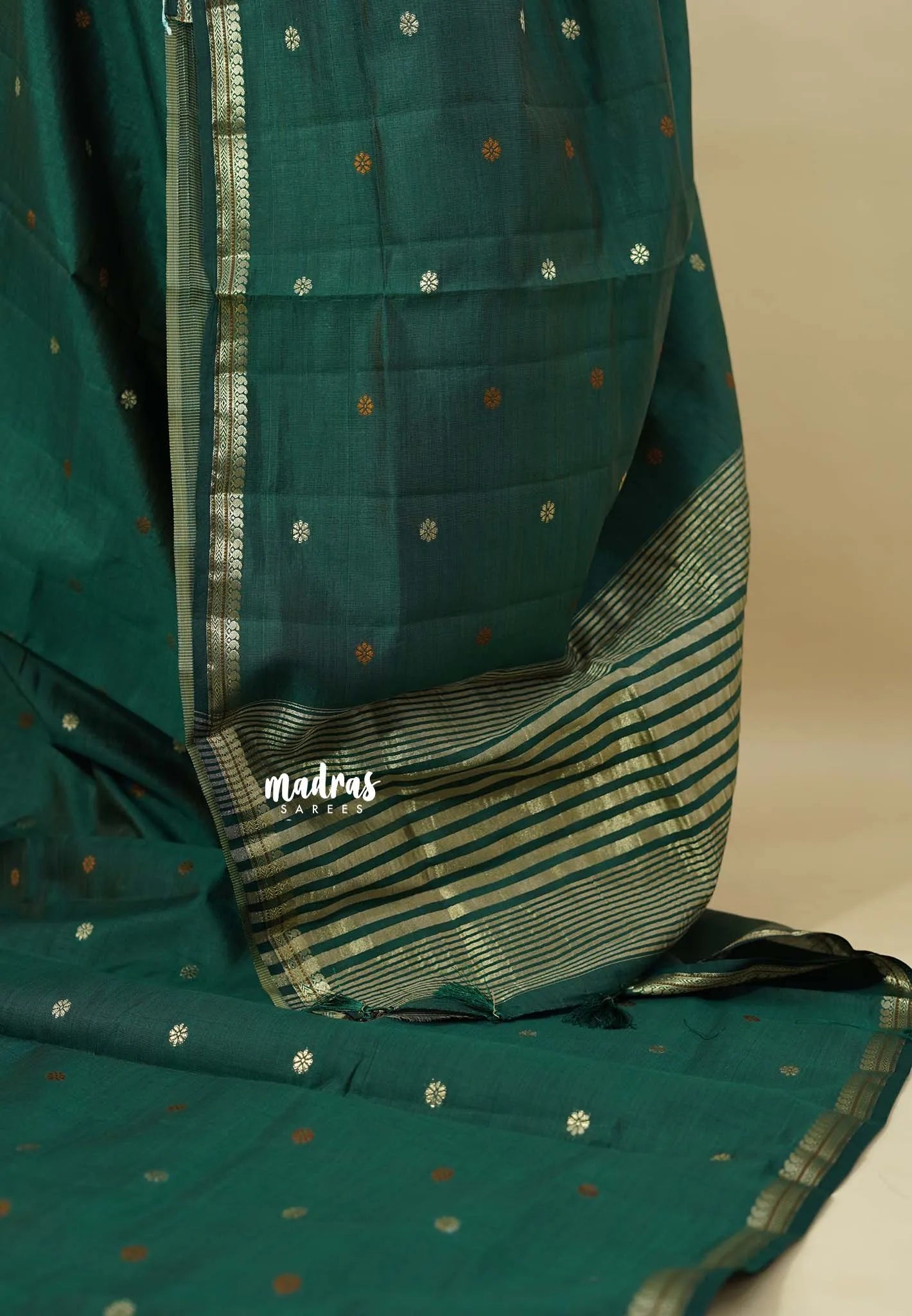 Dark Green  - Raaga - Semi Tussar Tiny Border with Buttas