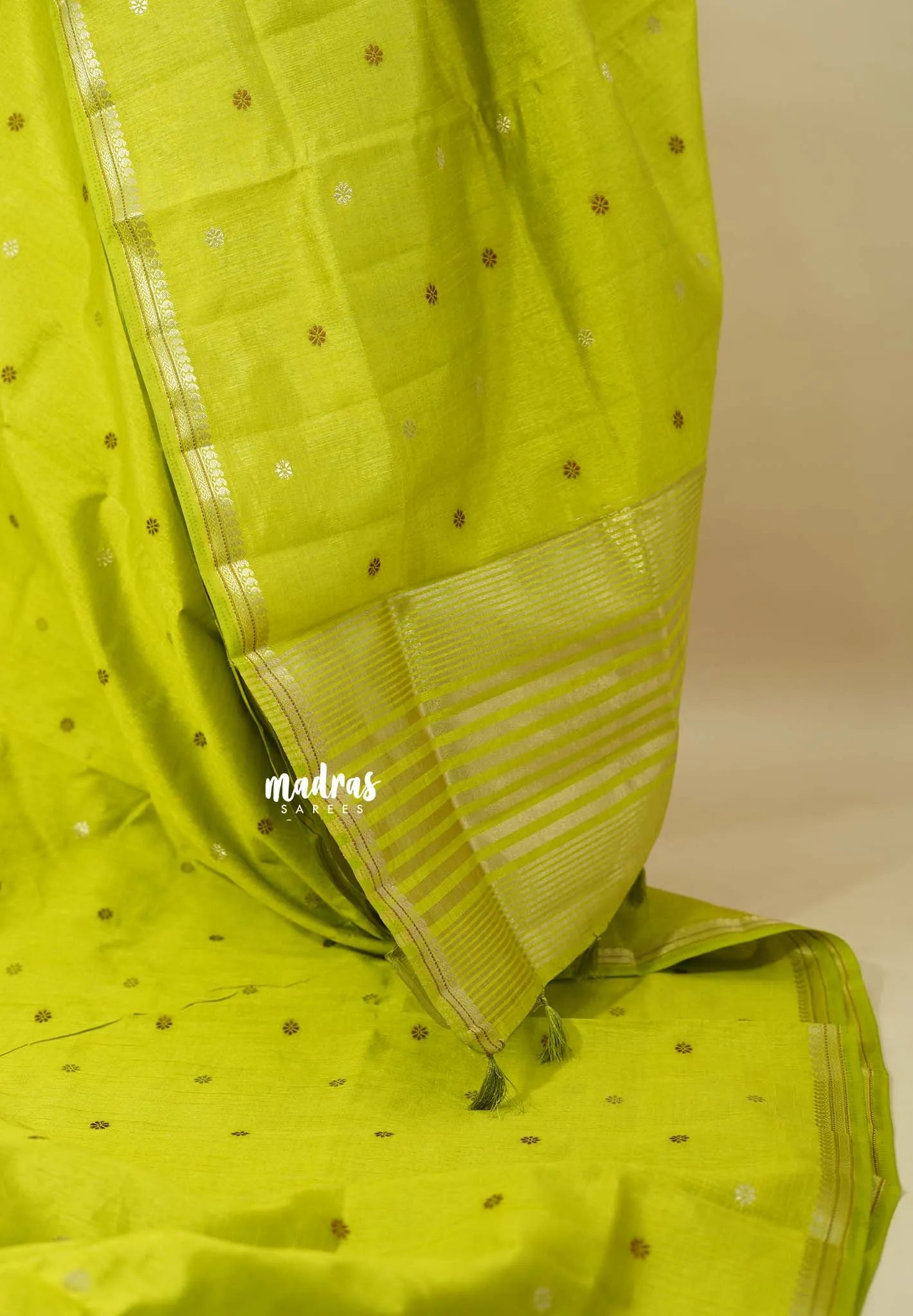 Neon Green  - Raaga - Semi Tussar Tiny Border with Buttas