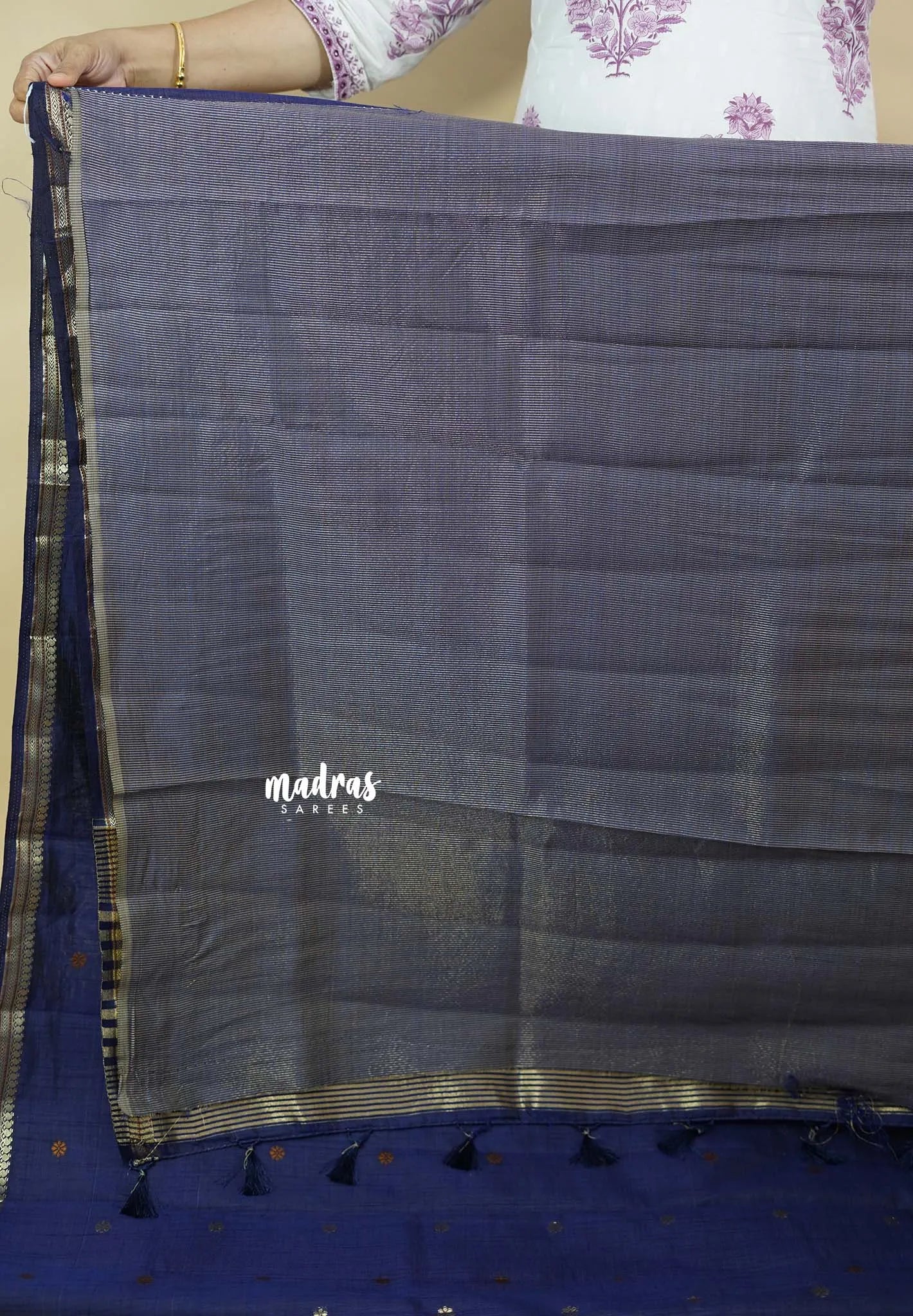 Navy Blue  - Raaga - Semi Tussar Tiny Border with Buttas