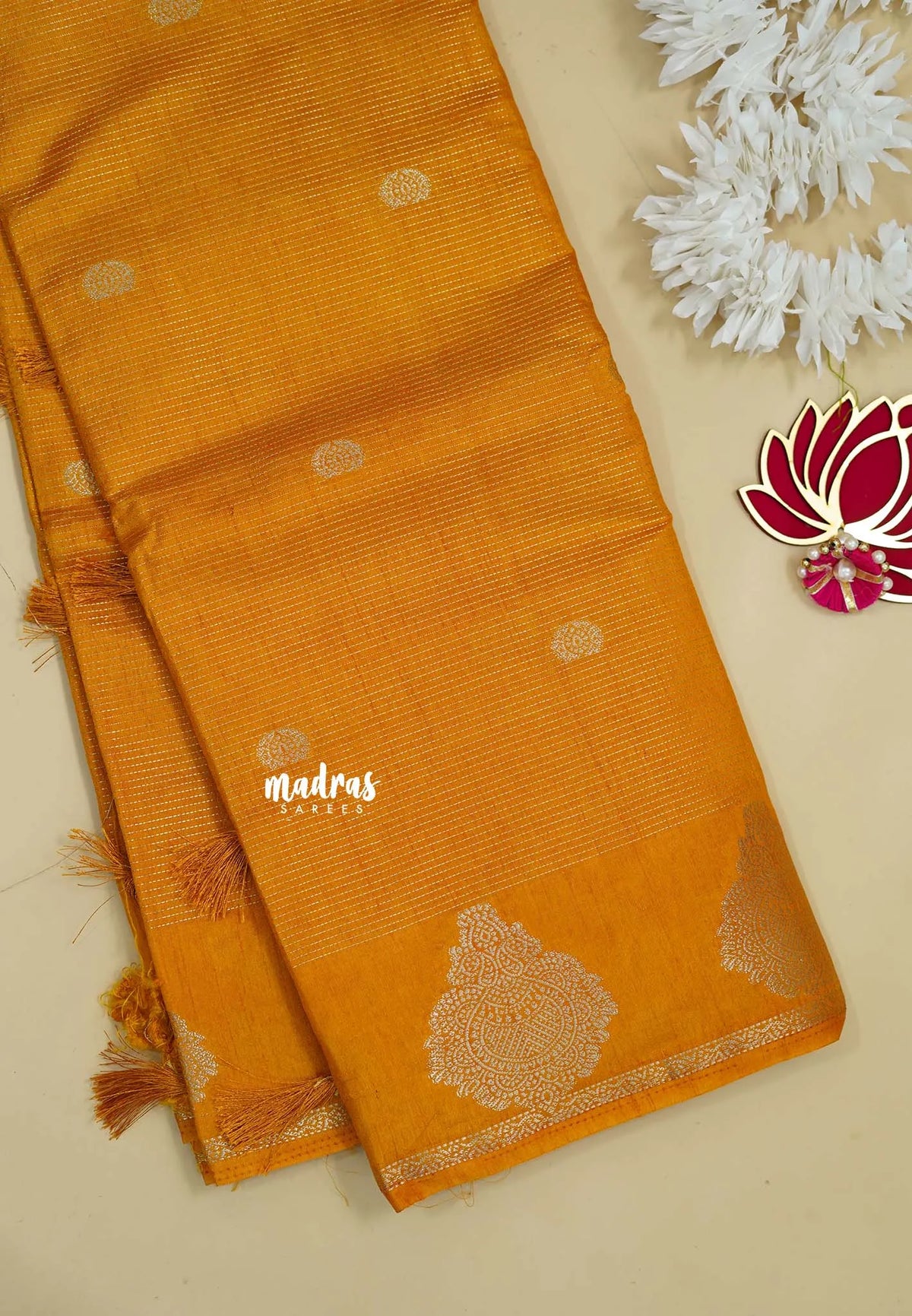 Orangish Yellow - Raaga - Premium Raw Mango silk with 3D stripes weaving Body with Buttas