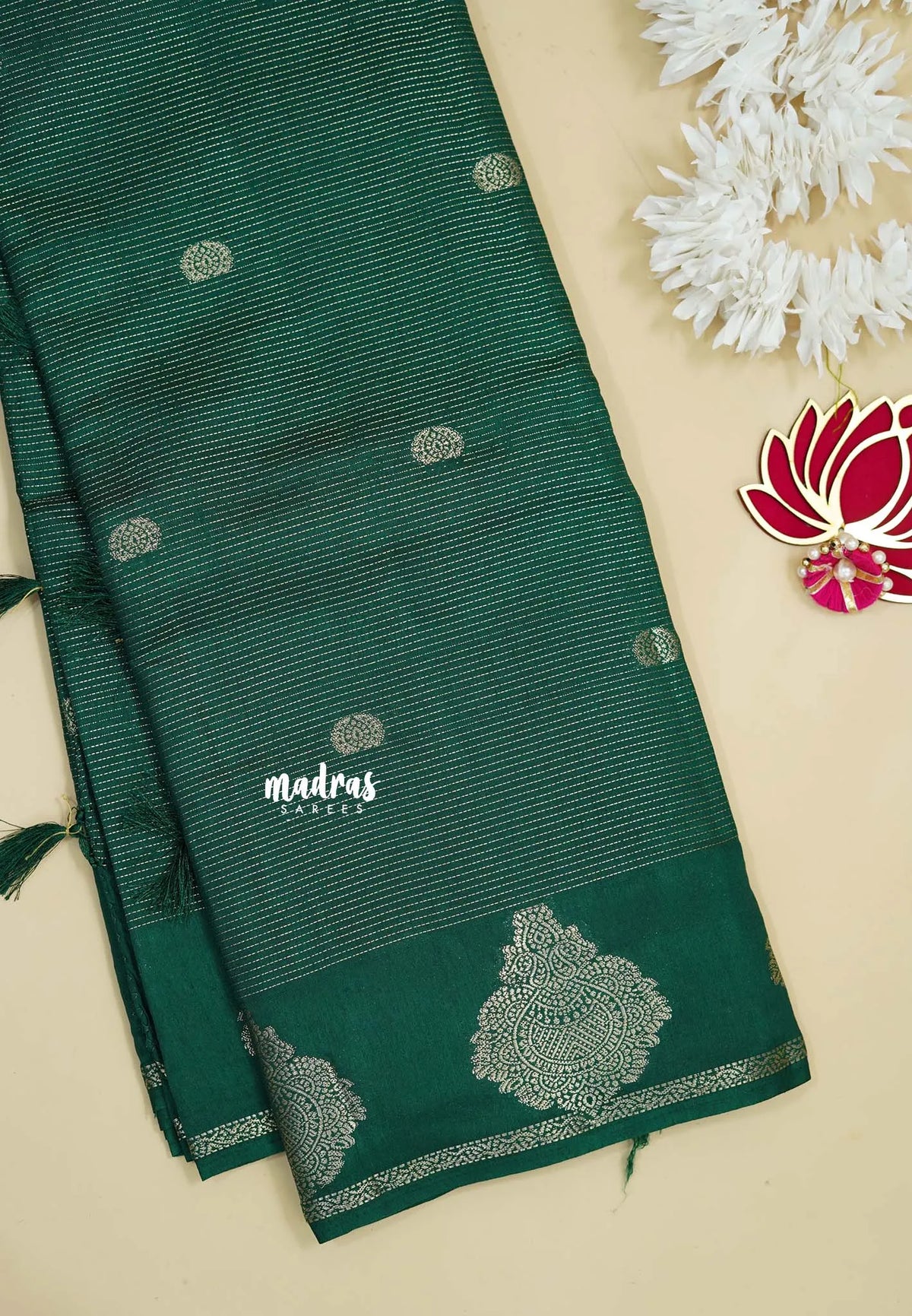 Dark Green - Raaga - Premium Raw Mango silk with 3D stripes weaving Body with Buttas