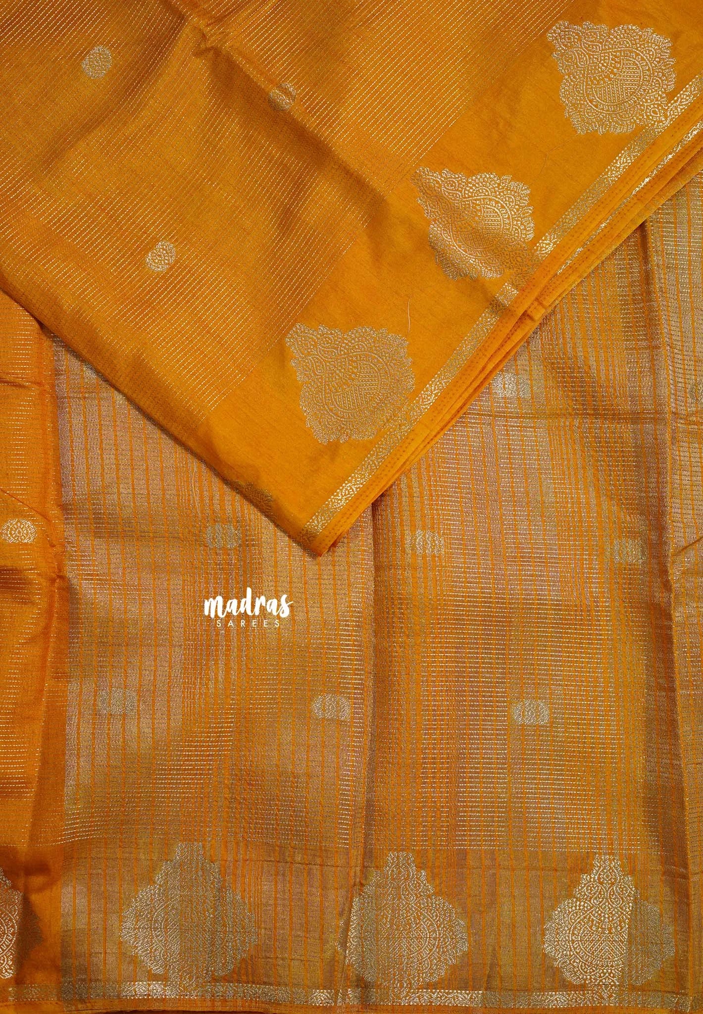 Orangish Yellow - Raaga - Premium Raw Mango silk with 3D stripes weaving Body with Buttas